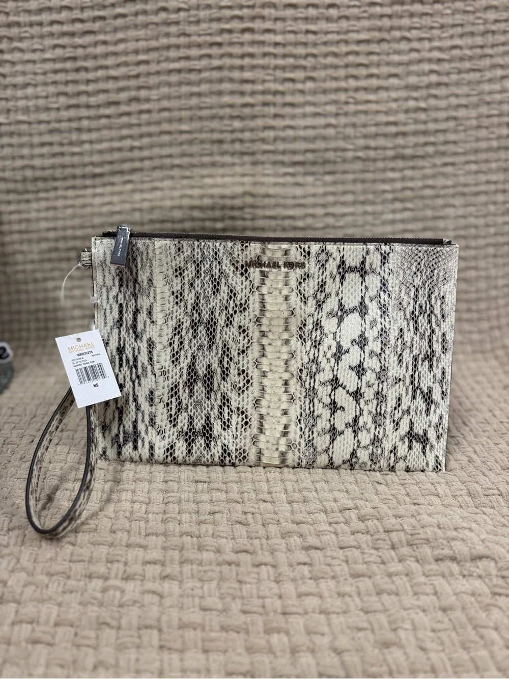 Michael Kors Snake-Print Wristlet Clutch in Cream and Brown